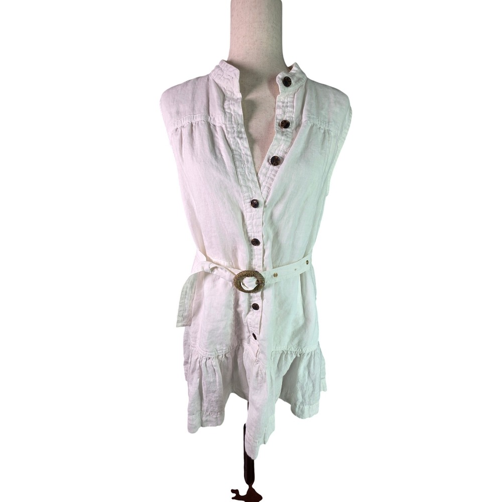 Banana Republic Womens White 100% Linen Sleeveless Tiered Mini Dress XS Belted
